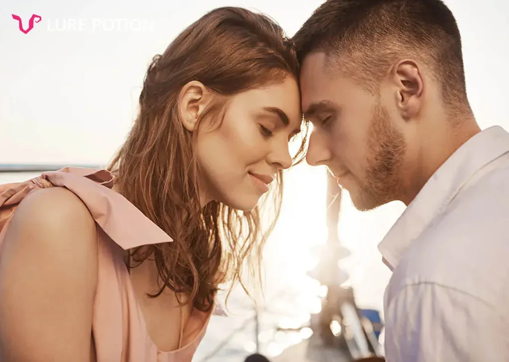 couple love closing eyes touching with forehead